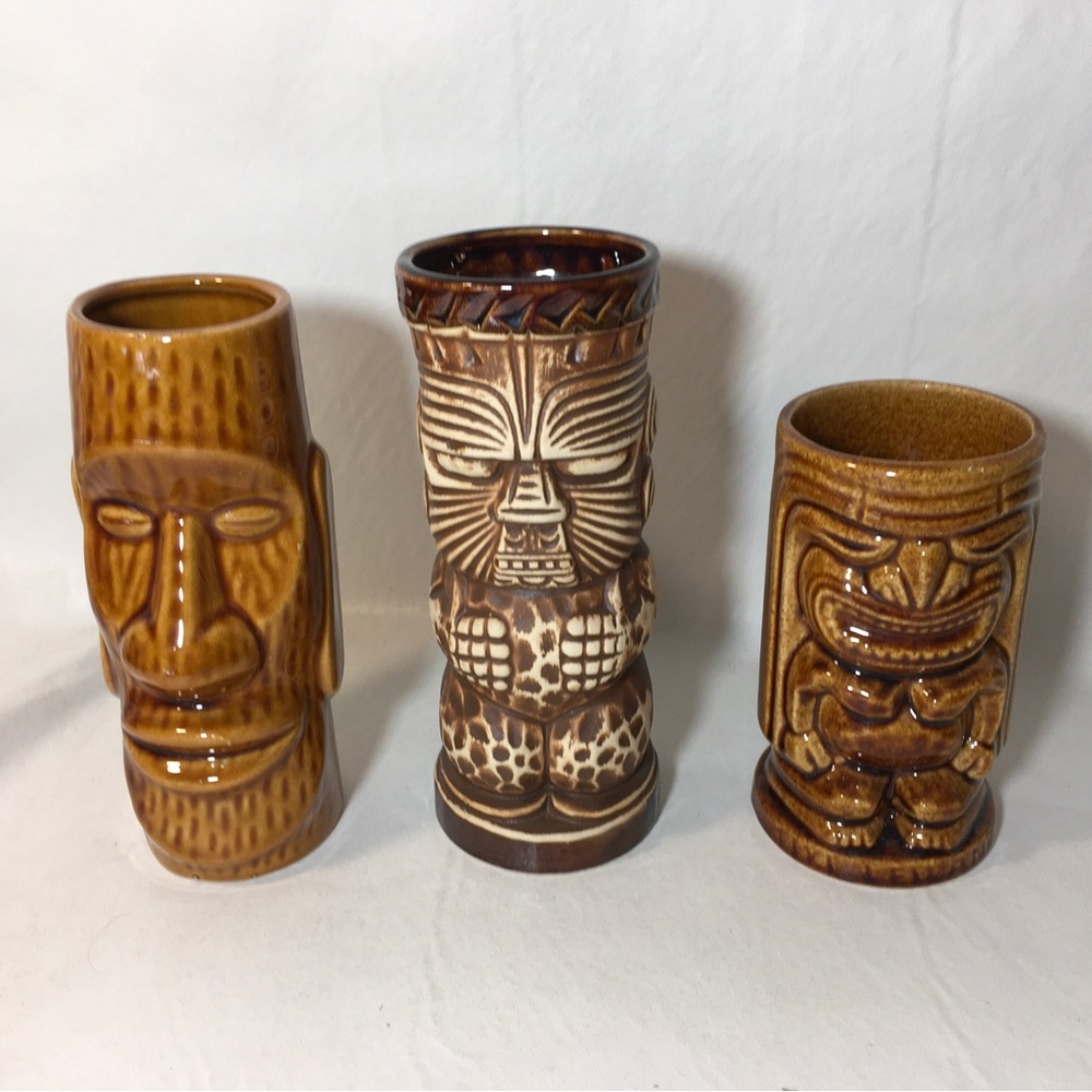 Lot of 3 Vintage Ceramic Tiki Mugs Cups Vase Barware Trader Dicks Brown